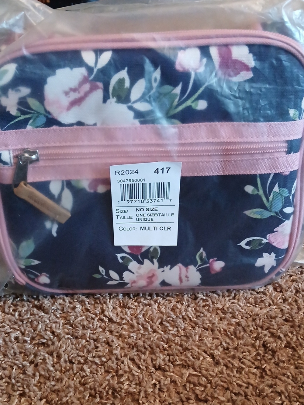 NWT Lunch Bag with Blue & Pink Flowers, Zipper Closure w/Water Bottle Pocket